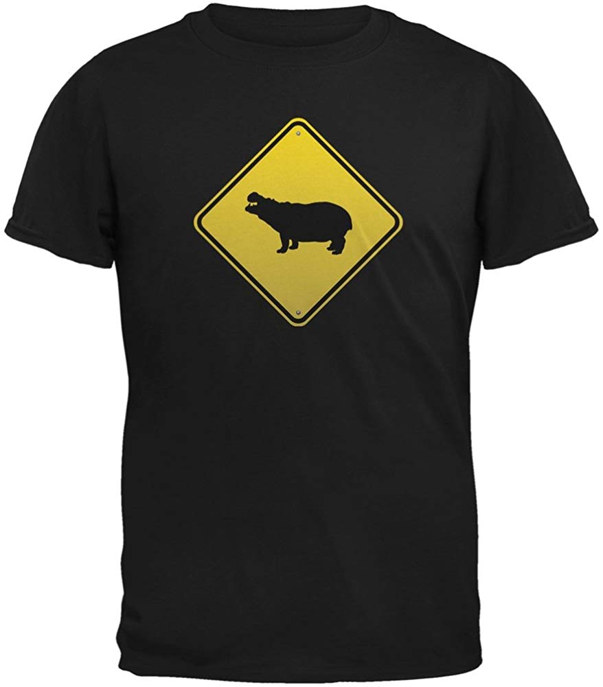 Hippo Crossing Sign Adult Black T-Shirts