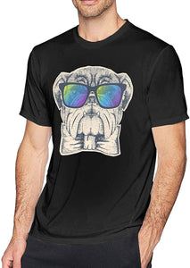 Hipster Animal Sunglasses Bulldog Mens Classic Basic Short Sleeve 100% Cotton Solid Crew Neck Black T-Shirts