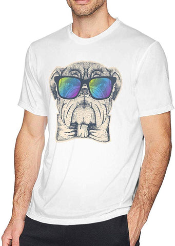 Hipster Animal Sunglasses Bulldog Mens Classic Basic Short Sleeve 100% Cotton Solid Crew Neck White T-Shirts