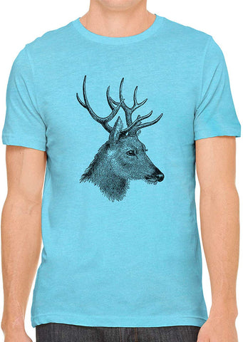 Horned Deer Animal Cotton Crewneck Unisex Blue T-Shirts