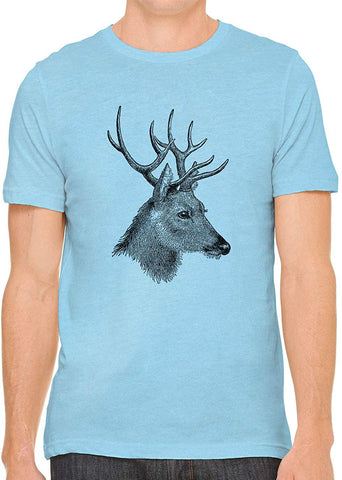 Horned Deer Animal Cotton Crewneck Unisex Blue T-Shirts