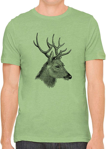 Horned Deer Animal Cotton Crewneck Unisex Green T-Shirts