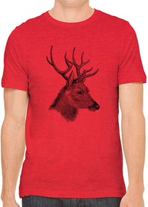 Horned Deer Animal Cotton Crewneck Unisex Red T-Shirts