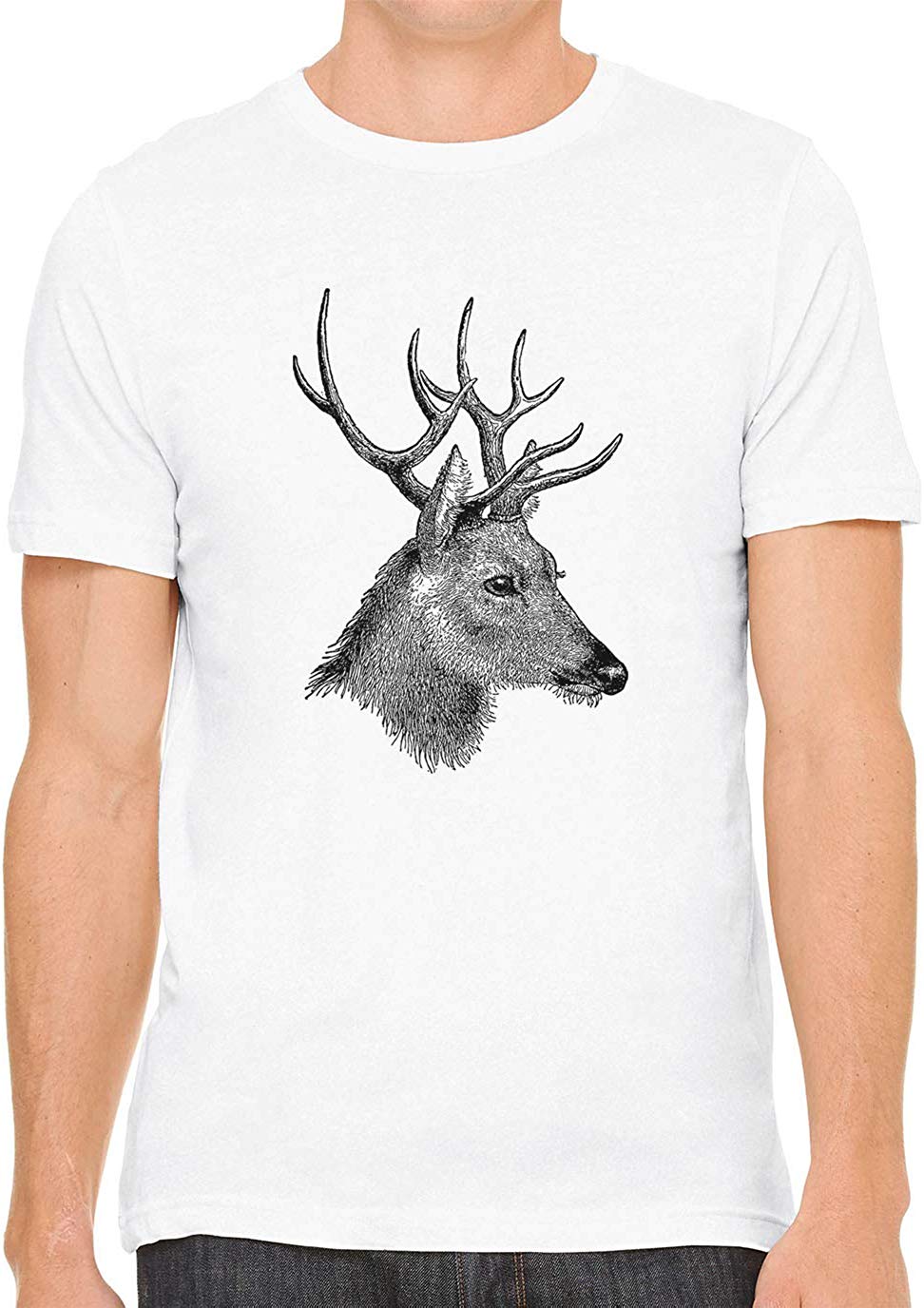 Horned Deer Animal Cotton Crewneck Unisex White T-Shirts