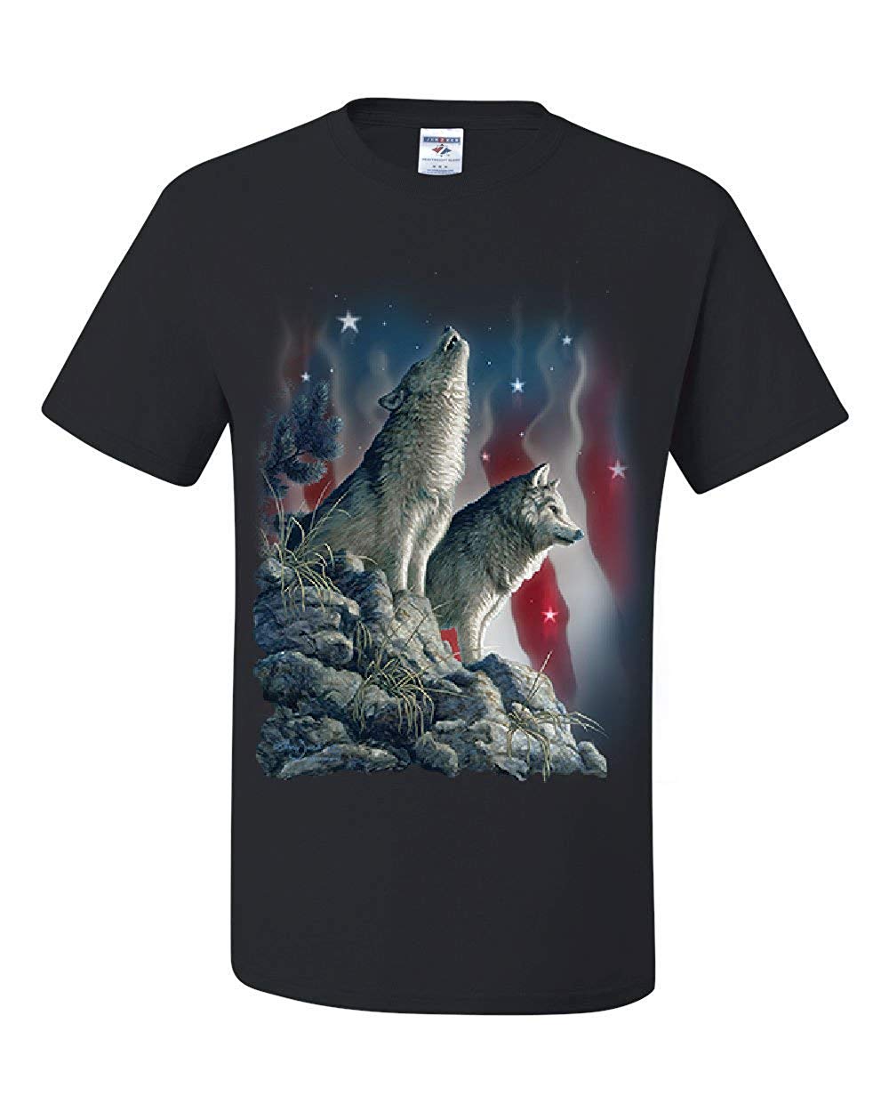 Howling Wolf Pack Stars and Stripes American Wildlife Black T-Shirts