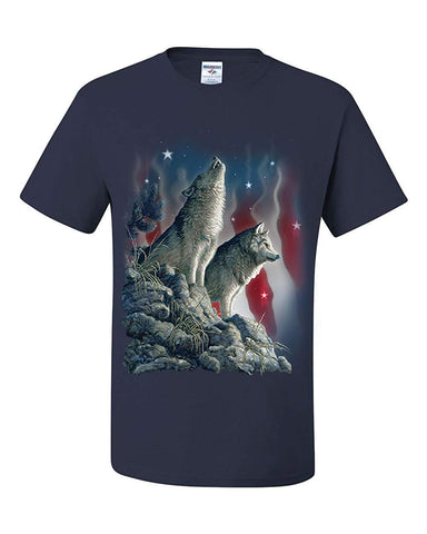 Howling Wolf Pack Stars and Stripes American Wildlife Blue T-Shirts