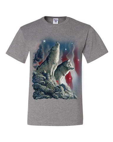 Howling Wolf Pack Stars and Stripes American Wildlife Gray T-Shirts