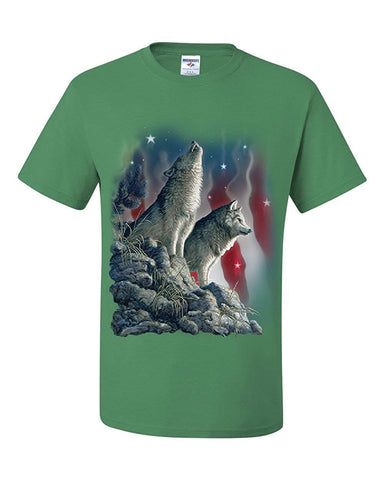 Howling Wolf Pack Stars and Stripes American Wildlife Green T-Shirts