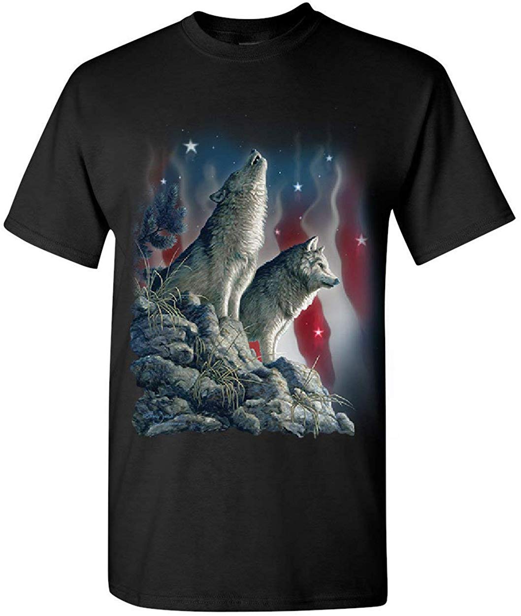 Howling Wolf Pack Stars and Stripes American Wildlife Mens Black T-Shirts