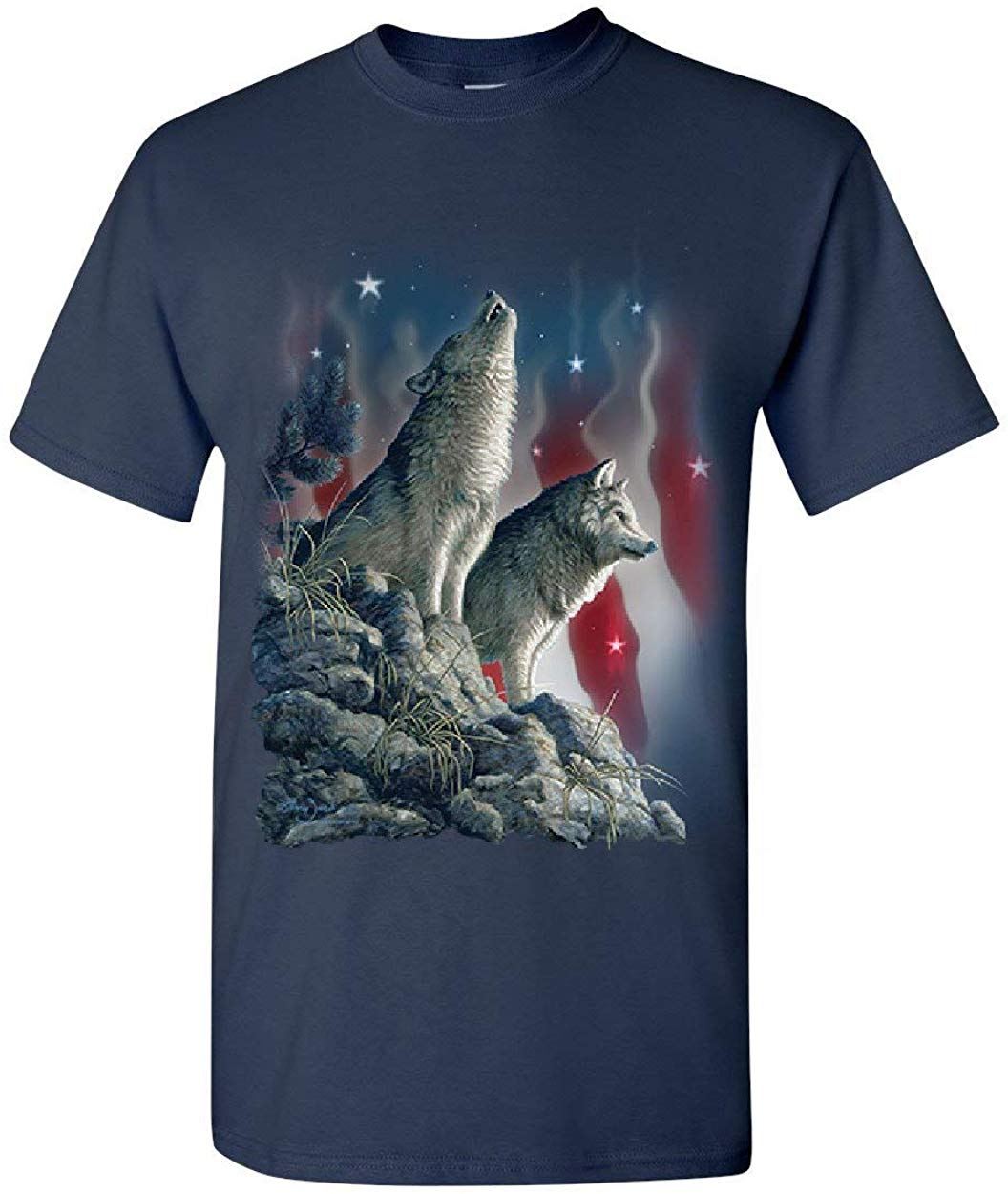 Howling Wolf Pack Stars and Stripes American Wildlife Mens Blue T-Shirts