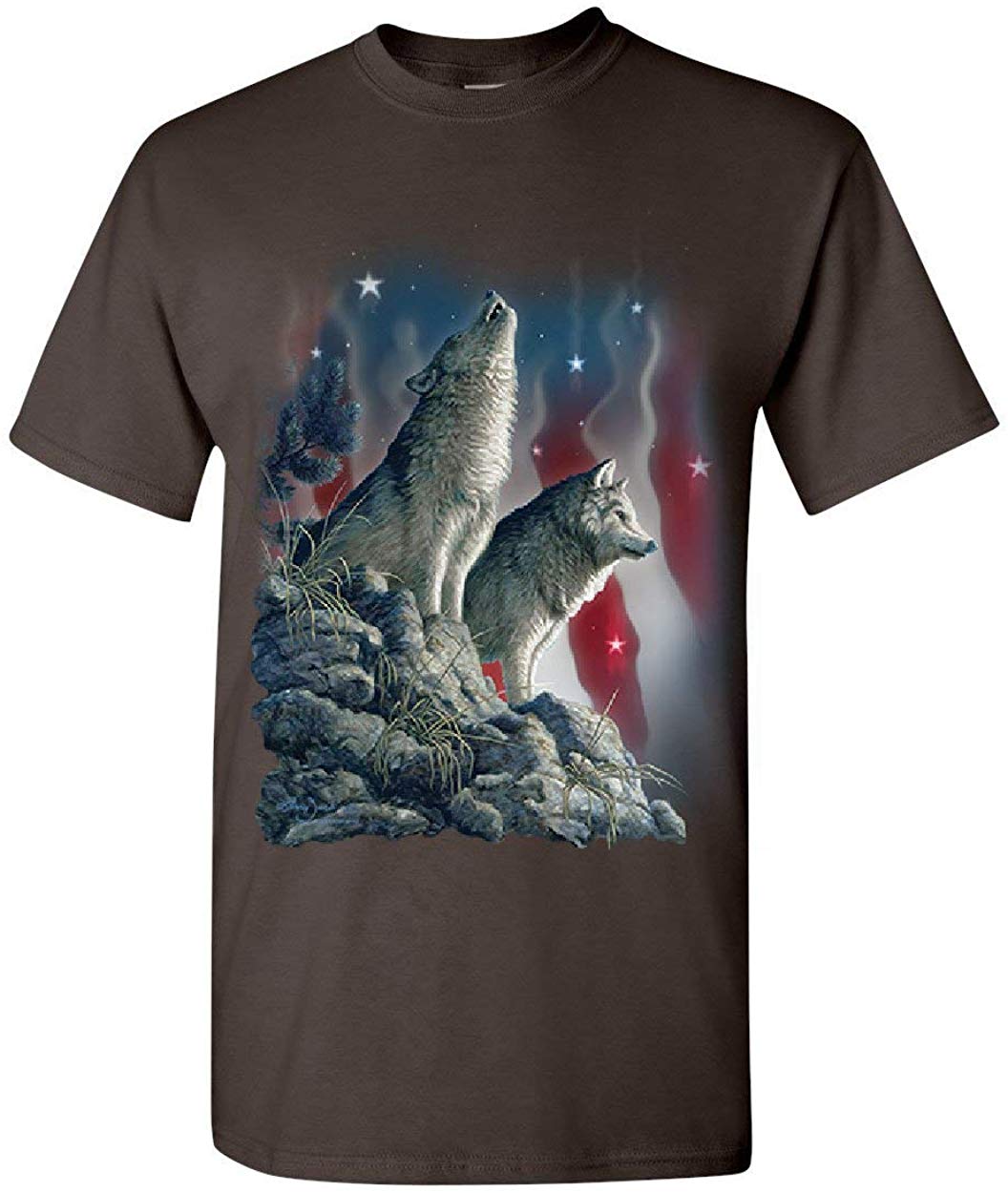 Howling Wolf Pack Stars and Stripes American Wildlife Mens Brown T-Shirts