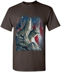 Howling Wolf Pack Stars and Stripes American Wildlife Mens Brown T-Shirts