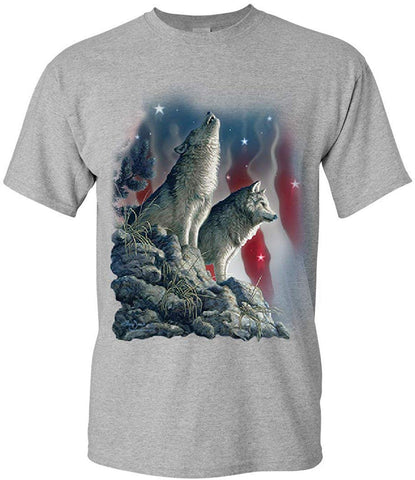 Howling Wolf Pack Stars and Stripes American Wildlife Mens Gray T-Shirts