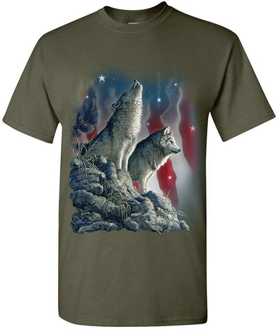 Howling Wolf Pack Stars and Stripes American Wildlife Mens Green T-Shirts