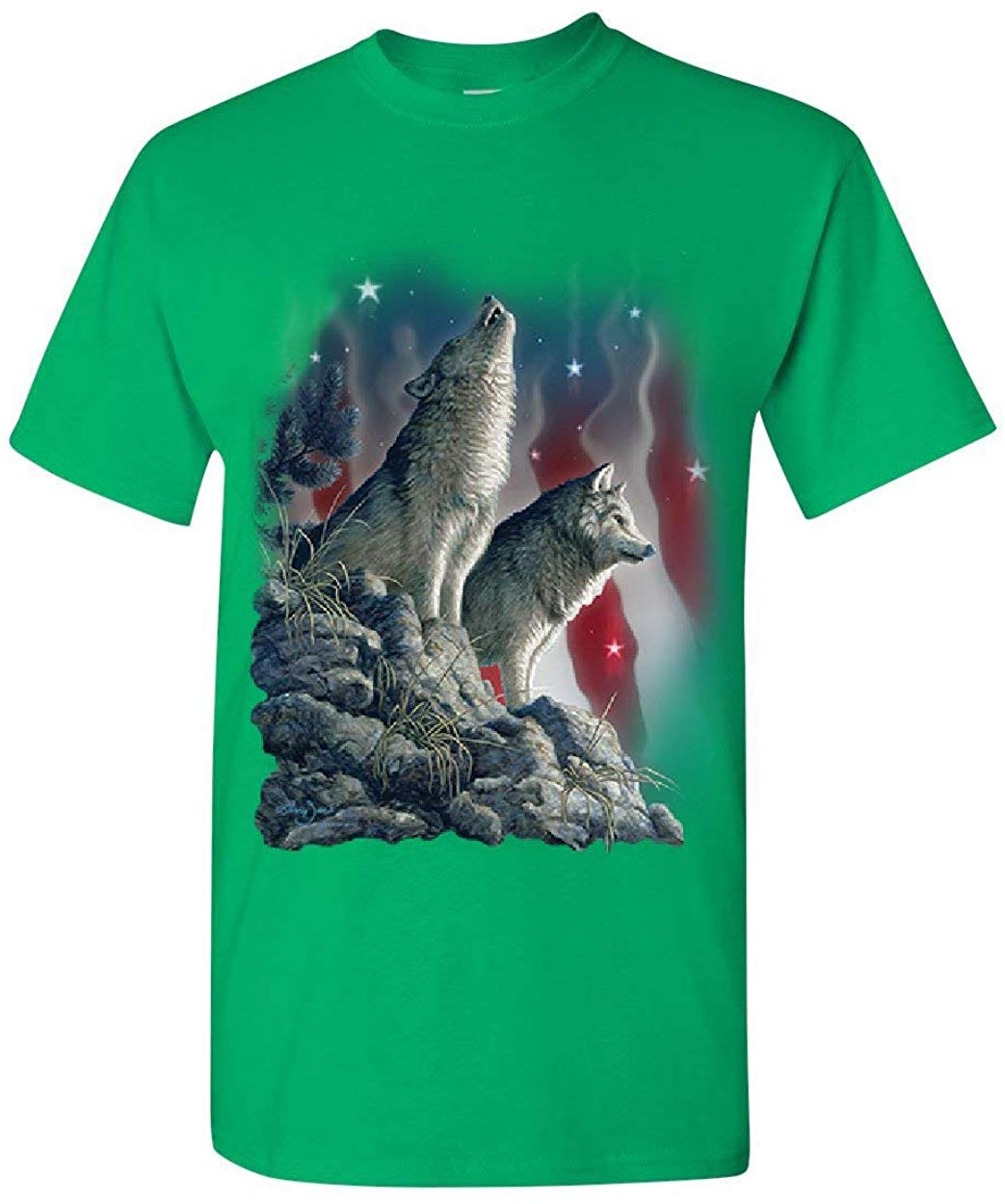 Howling Wolf Pack Stars and Stripes American Wildlife Mens Green T-Shirts