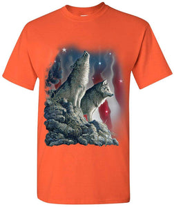 Howling Wolf Pack Stars and Stripes American Wildlife Mens Orange T-Shirts