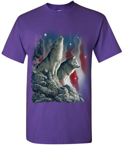 Howling Wolf Pack Stars and Stripes American Wildlife Mens Purple T-Shirts