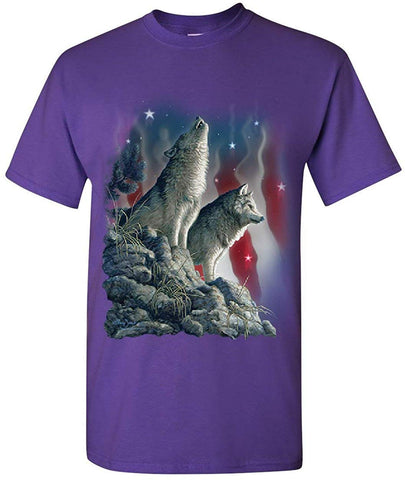 Howling Wolf Pack Stars and Stripes American Wildlife Mens Purple T-Shirts