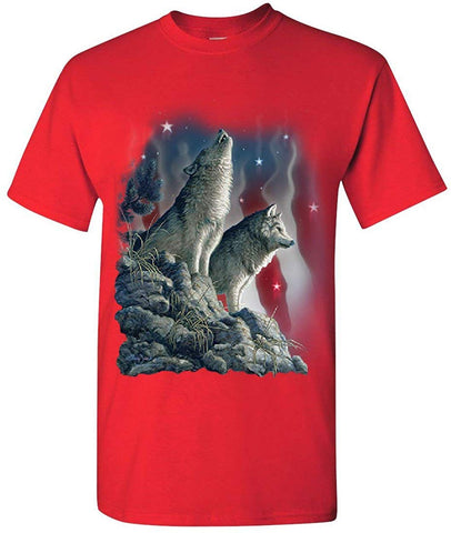 Howling Wolf Pack Stars and Stripes American Wildlife Mens Red T-Shirts