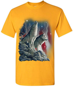 Howling Wolf Pack Stars and Stripes American Wildlife Mens Yellow T-Shirts