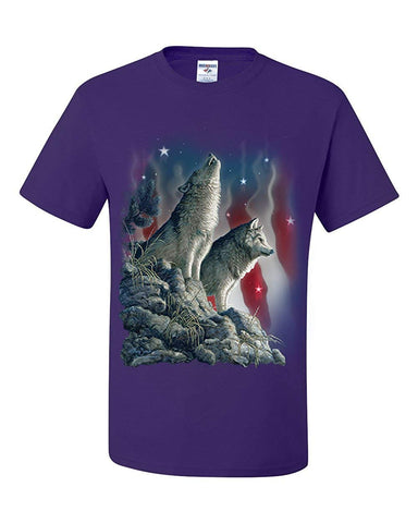 Howling Wolf Pack Stars and Stripes American Wildlife Purple T-Shirts