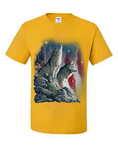 Howling Wolf Pack Stars and Stripes American Wildlife Yellow T-Shirts