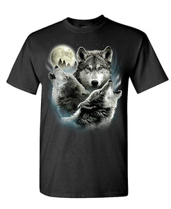 Howling in The Night 3 Wolves-Mens Cotton USA Made Black T-Shirts