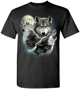 Howling in The Night 3 Wolves-Mens Cotton USA Made Black T-Shirts