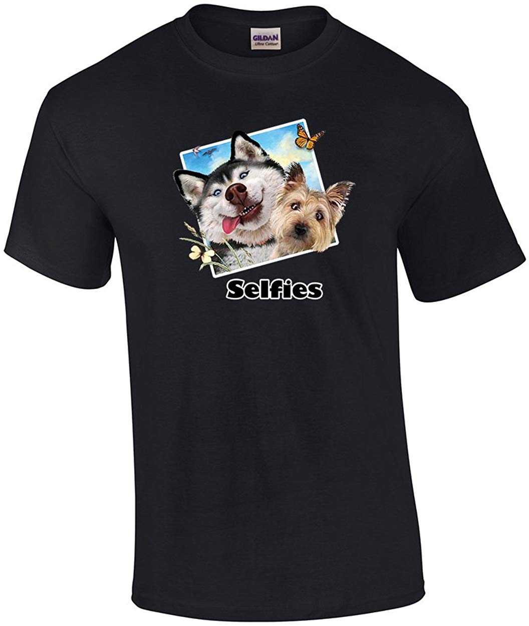 Huskie Yorkshire Terrier Selfie Funny Cute Adult Black T-Shirts