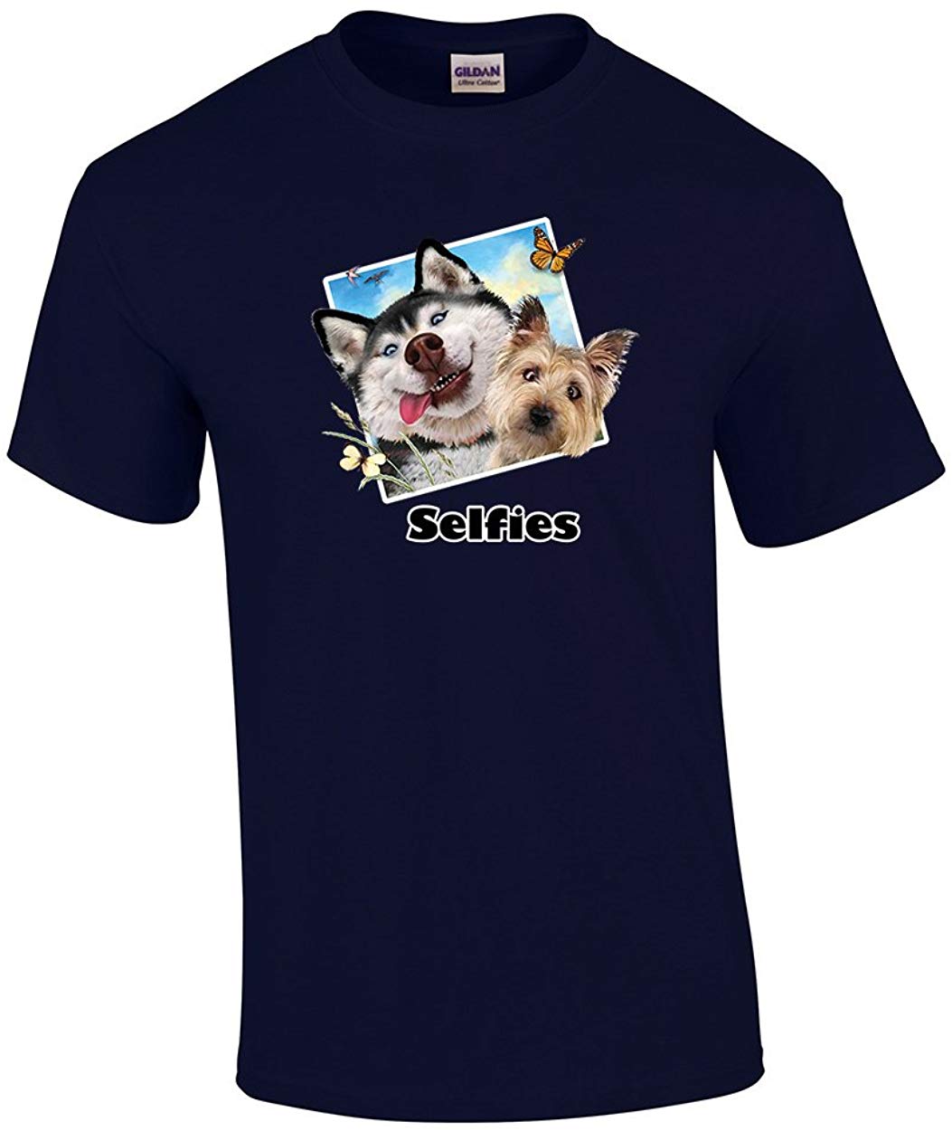 Huskie Yorkshire Terrier Selfie Funny Cute Adult Blue T-Shirts