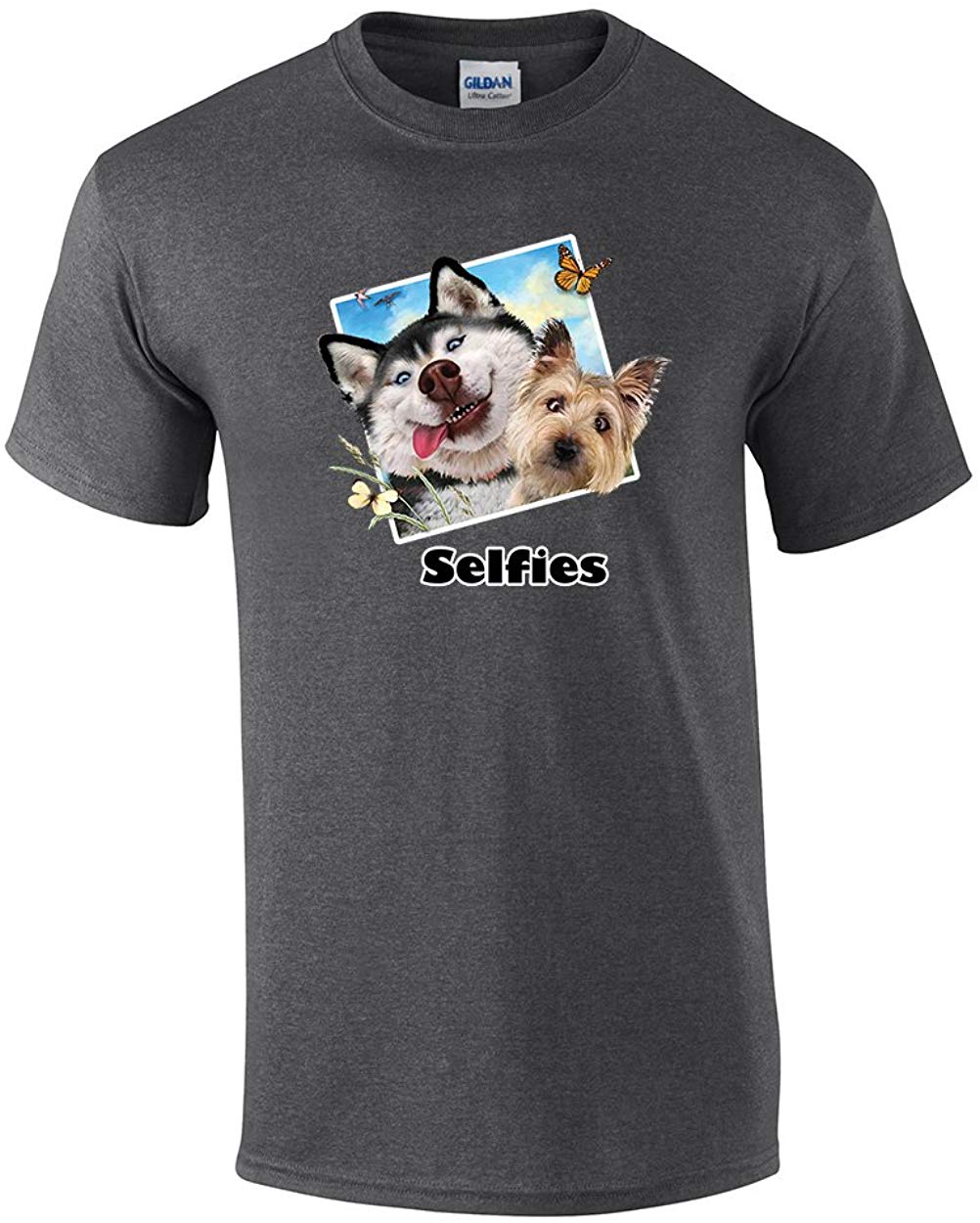 Huskie Yorkshire Terrier Selfie Funny Cute Adult Gray T-Shirts