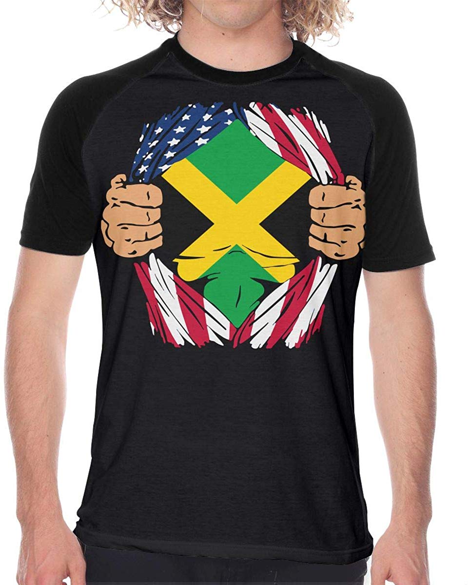 Jamaican Blood Inside Me American Flag Men's Sports Short-Sleeved Printed Black T-Shirts