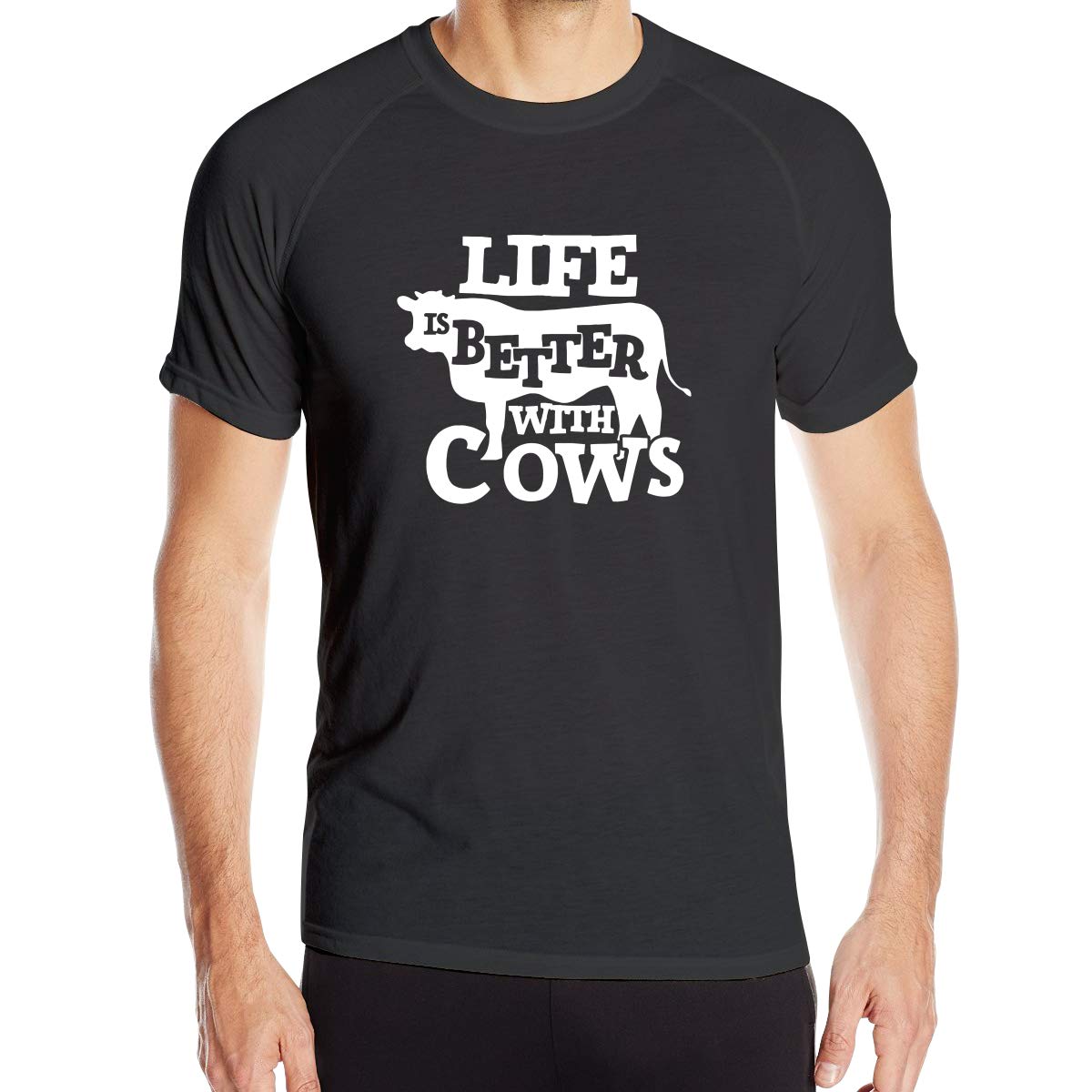 Life is Better with Cows Around Men's Rapid-Drying Round Neck Short Sleeve Backing Black T-Shirts