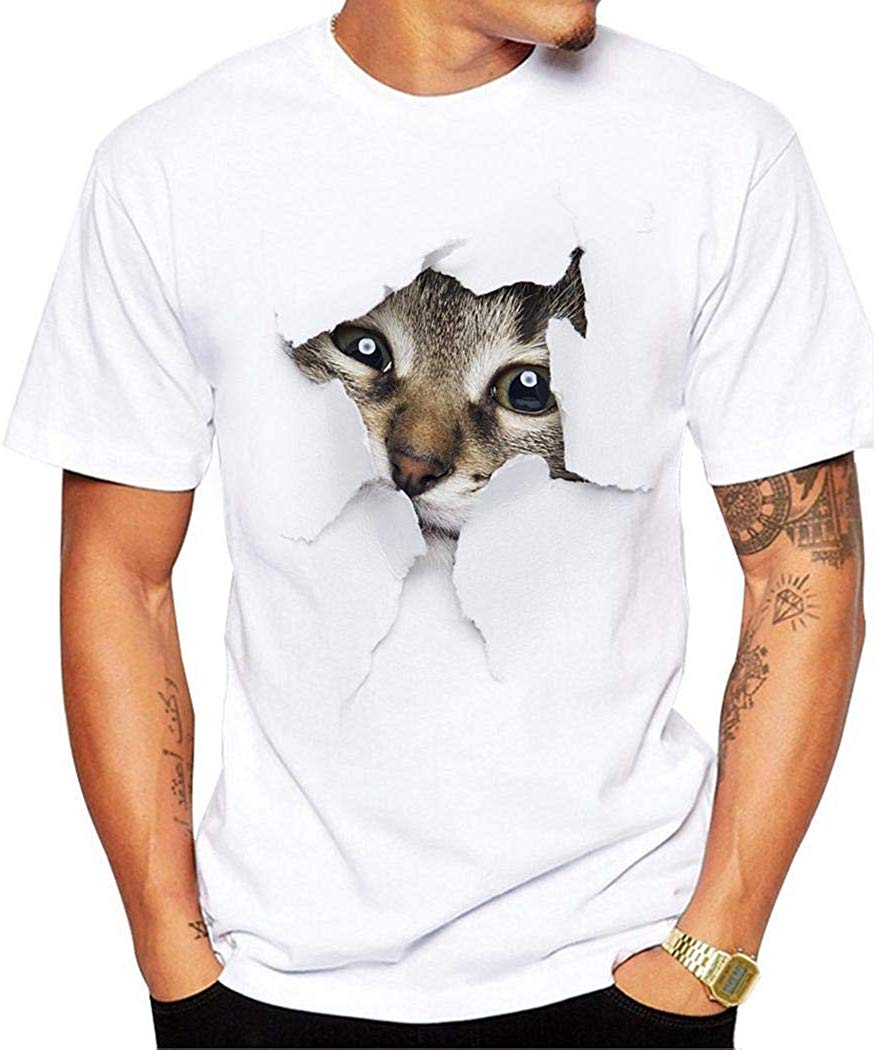 Men Casual Short Sleeve Animal Print O-Neck Summer Tops White T-Shirts