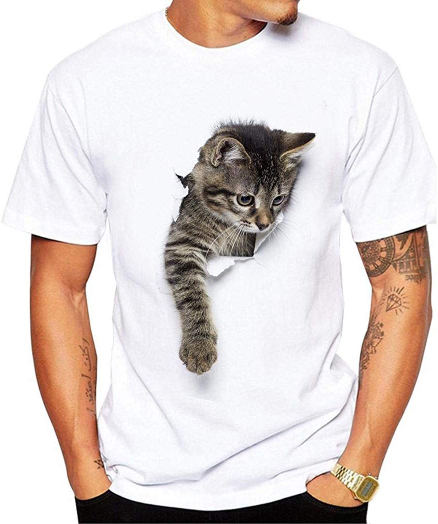 Men Casual Short Sleeve Animal Print O-Neck Summer Tops White T-Shirts