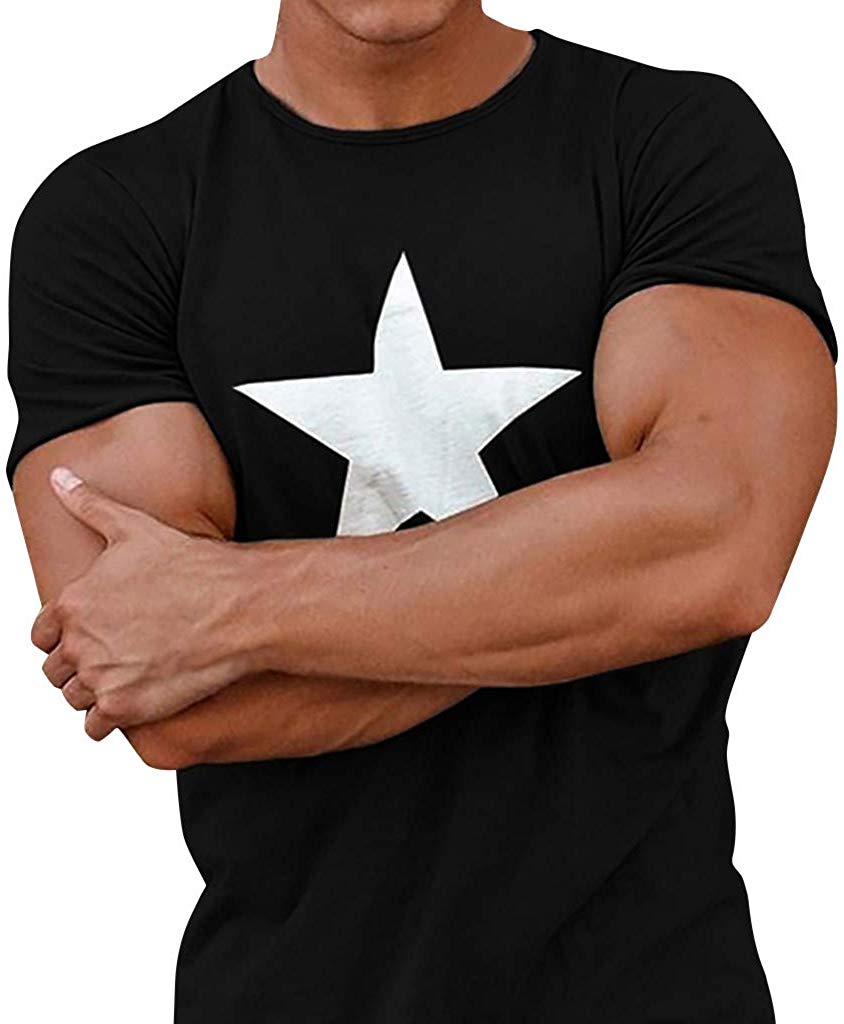 Men Casual Summer Star Print Short Sleeve O-Neck Tops Black T-Shirts