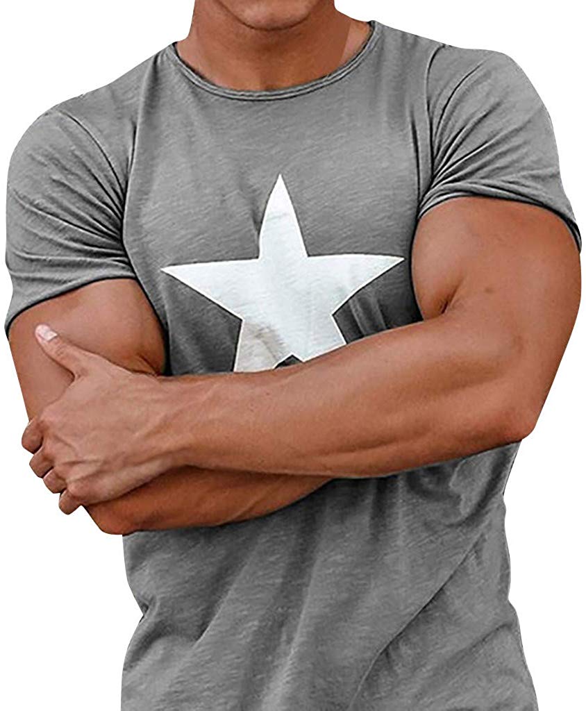 Men Casual Summer Star Print Short Sleeve O-Neck Tops Gray T-Shirts