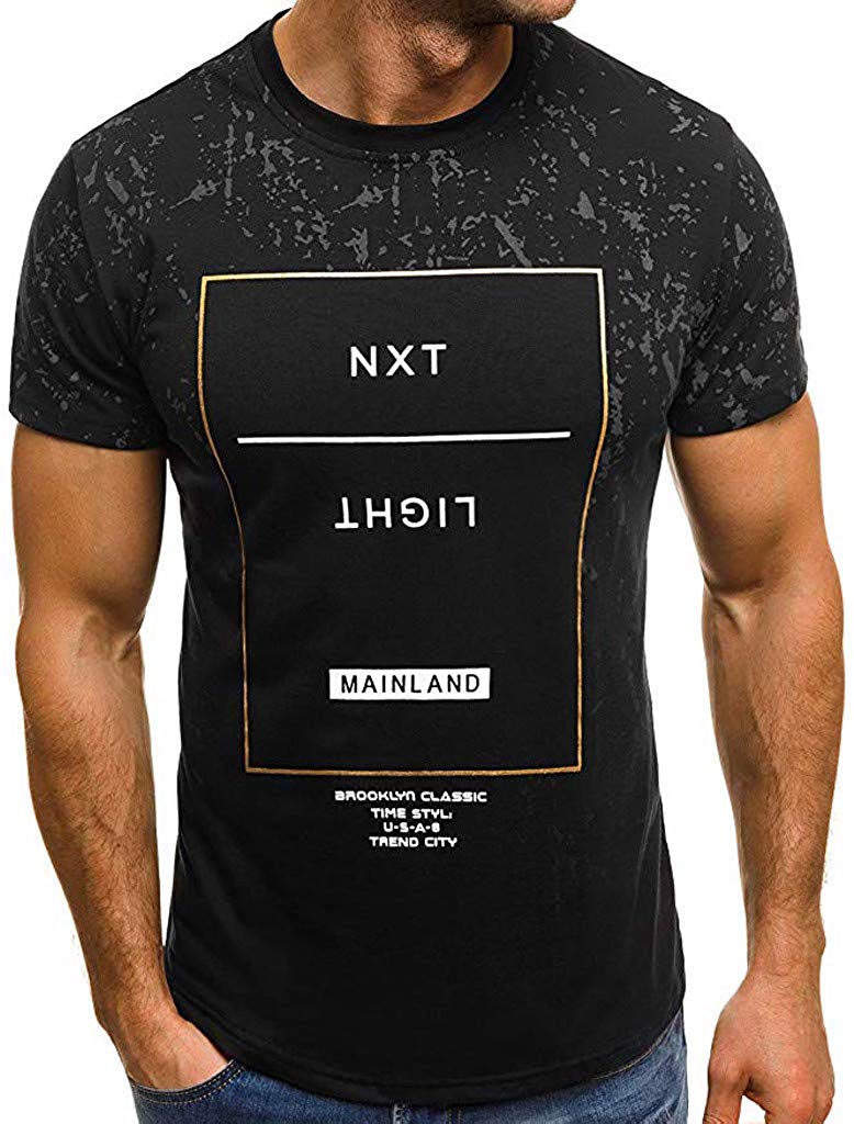 Men -GREFER Men's Summer Leisure Round Neck New Printed Short Sleeves Tops Black T-Shirts