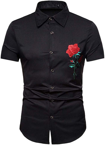 Men Hipster Rose Embroidery Fashion Cool Down Tops Black T-Shirts