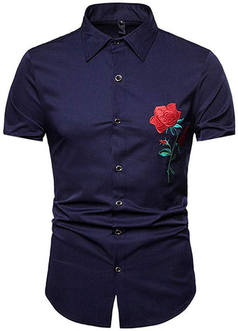 Men Hipster Rose Embroidery Fashion Cool Down Tops Navy T-Shirts