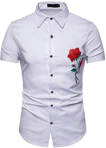 Men Hipster Rose Embroidery Fashion Cool Down Tops White T-Shirts