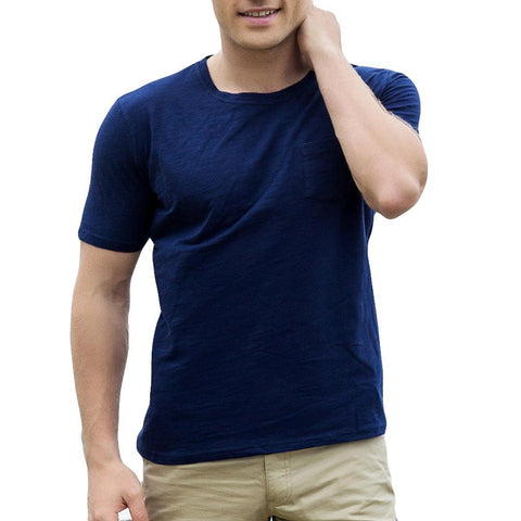 Men Short Sleeve Business Solid Striped Casual Pocket Pullover Tops Blue T-Shirts