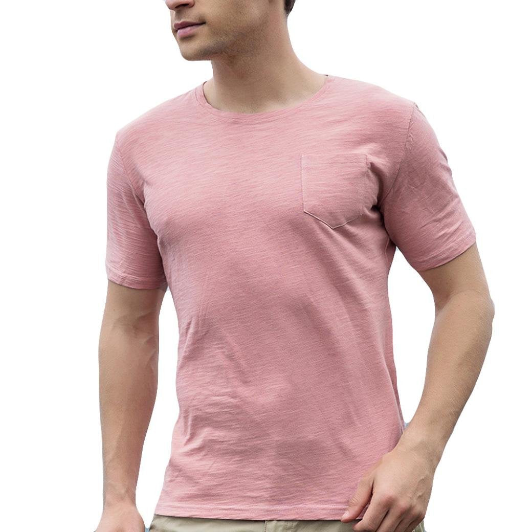 Men Short Sleeve Business Solid Striped Casual Pocket Pullover Tops Orange T-Shirts