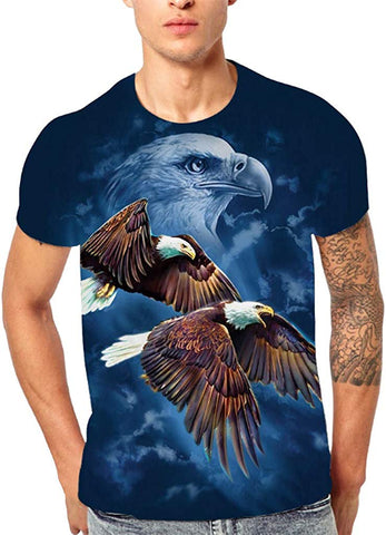 Men's 3D Gradient Lion Cat Owl Animal Printed Short Sleeve Top Blue T-Shirts