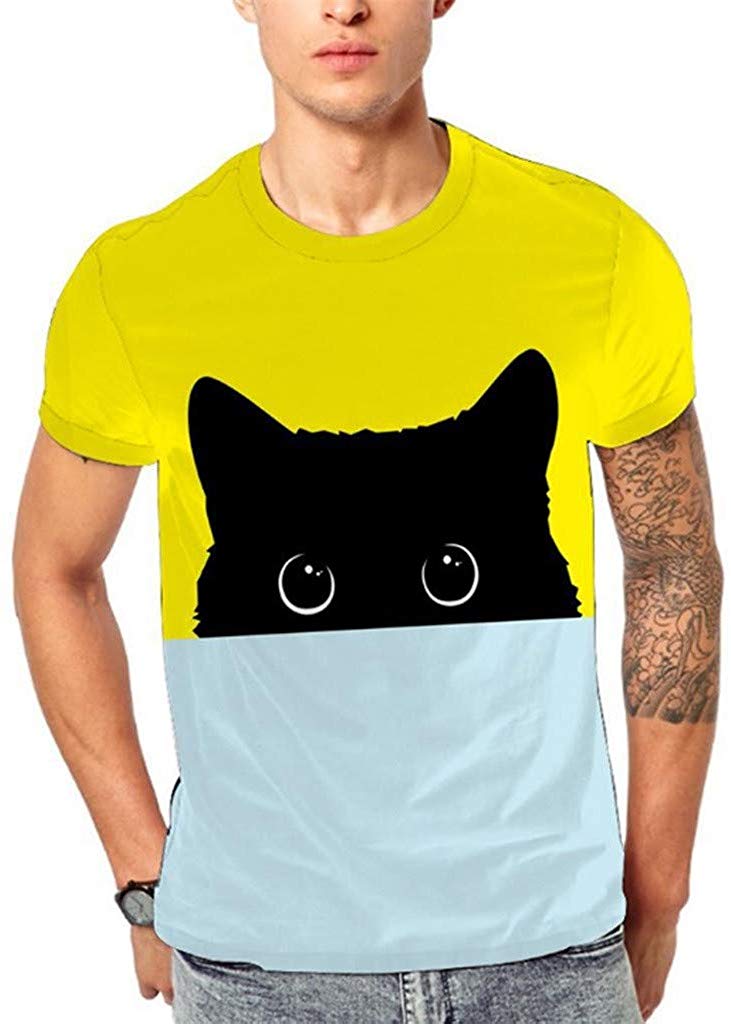 Men's 3D Gradient Lion Cat Owl Animal Printed Short Sleeve Top Yellow T-Shirts