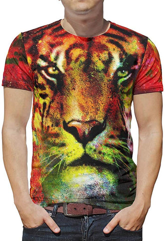 Men's Animal Lion Tiger Series Moisture Athletic Training Short Sleeve Round Neck Top White T-Shirts