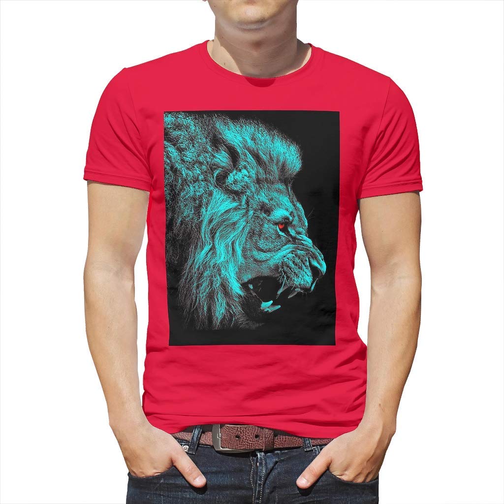 Men's Animal Printed Moisture Wicking Athletic Workout Graphic Crewneck Lion Top Red T-Shirts