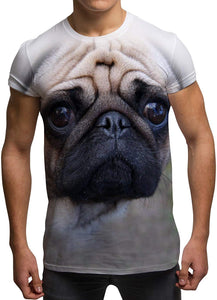 Men's Animal Sublimation Sad Pug Dog Graphic White T-Shirts