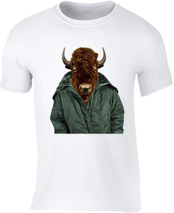 Men's Buffalo Bison Jacket Animal Lover Crewneck Short Sleeve White T-Shirts