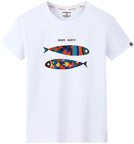 Men's Cool Casual Fashion Printing O-Neck Short Sleeve Tops White T-Shirts